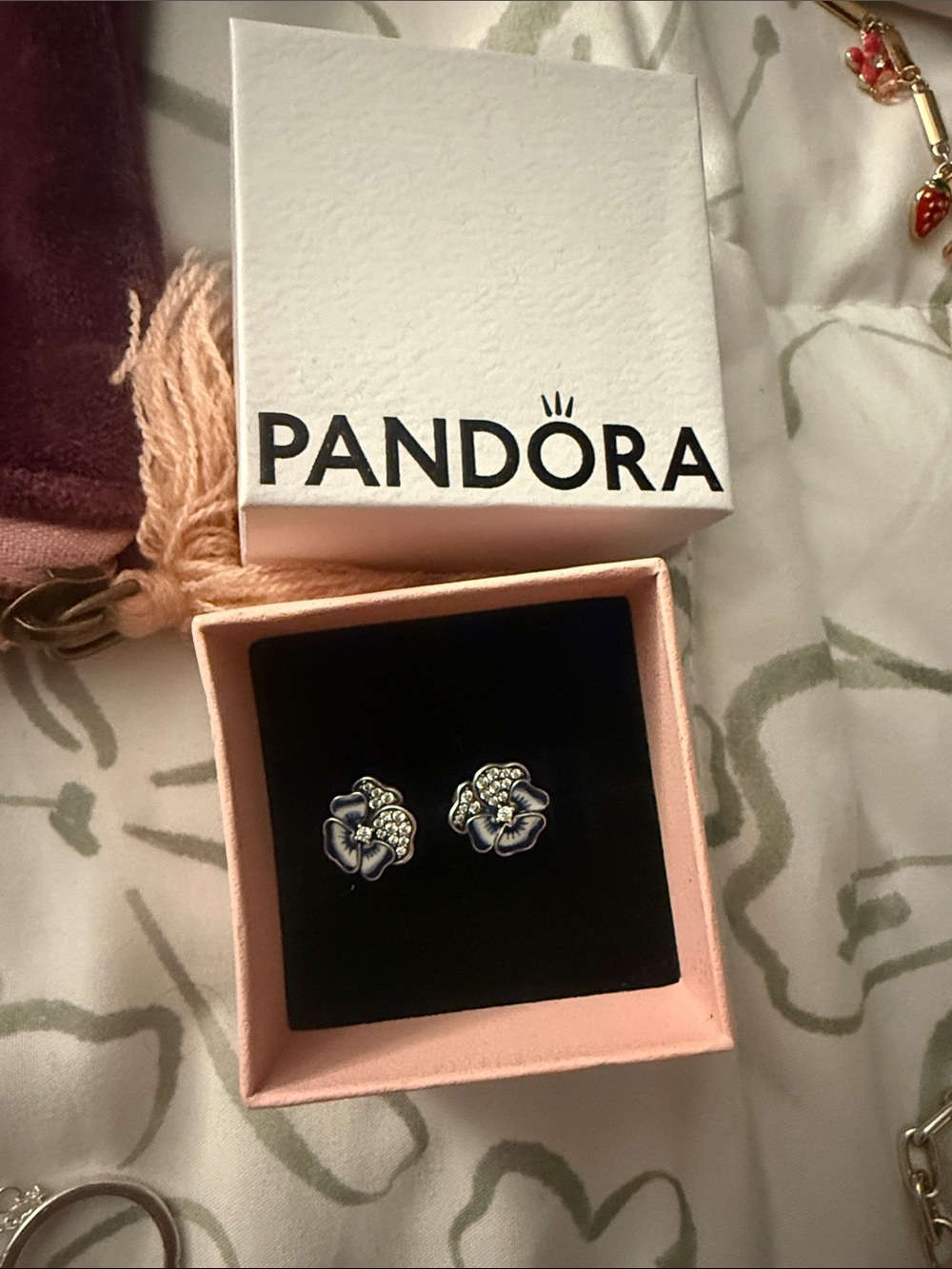Pandora Navy Enamel Floral Stud Earrings with Crystal Centers